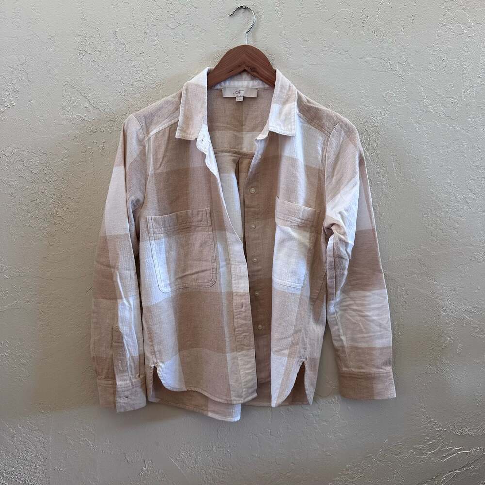LOFT Tan and White Plaid Flannel Button Down Shirt Size M
